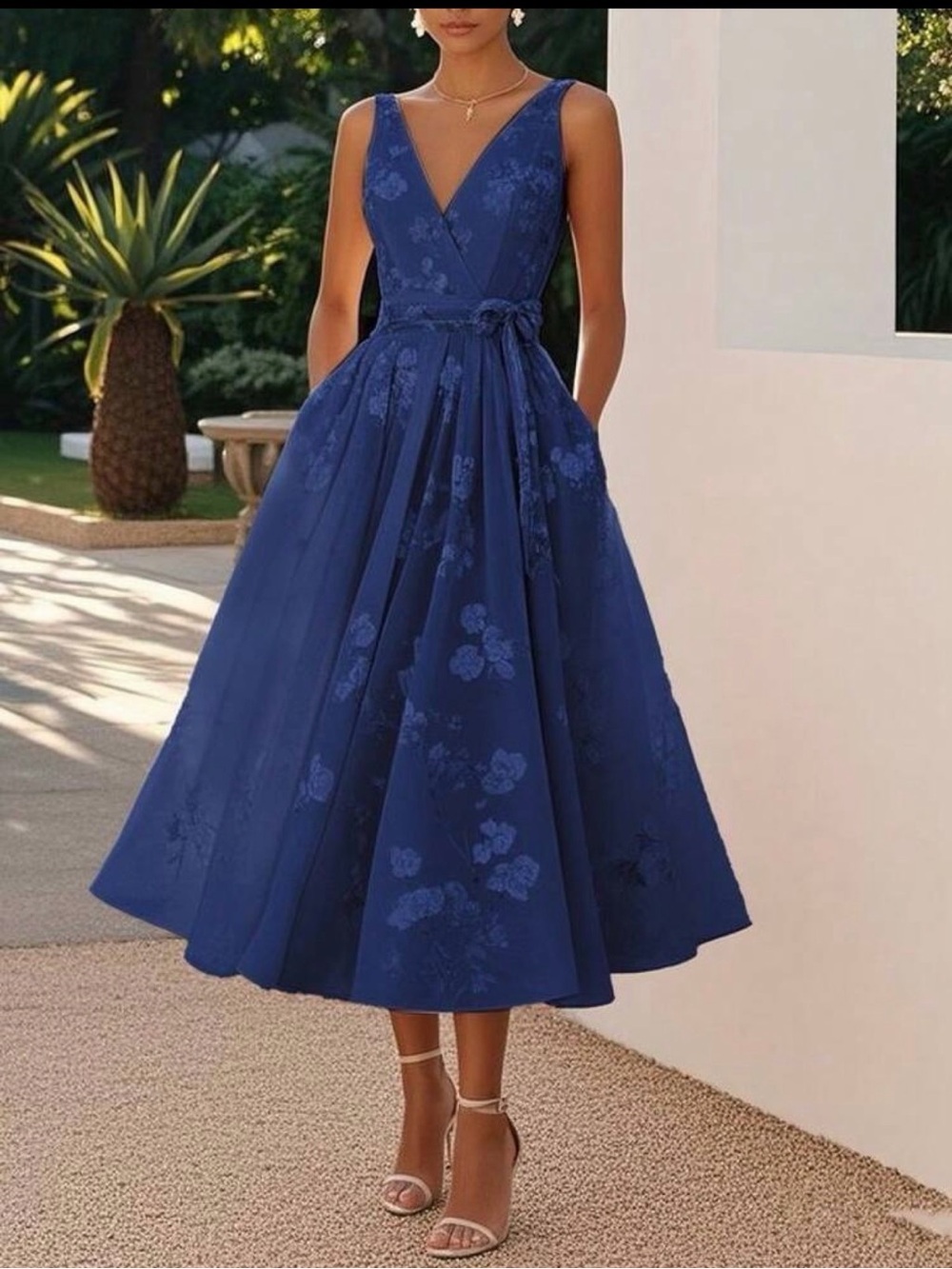 SHEIN Royal Blue Floral V‑Neck Midi Dress